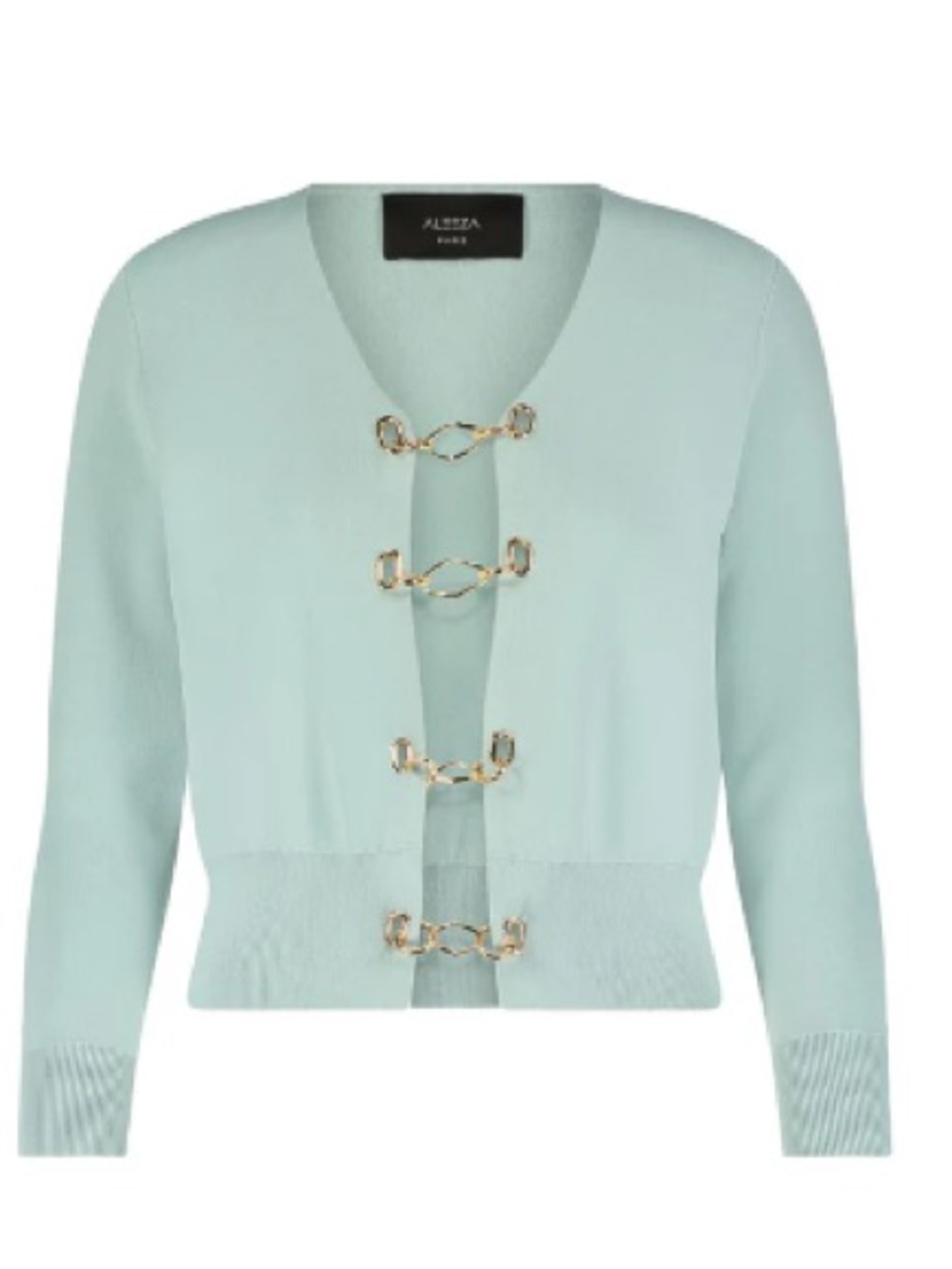 Aleeza Paris Grace in Tiffany Blue  Chain-Front Knit Cardigan Small